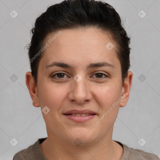 Joyful white young-adult female with short  brown hair and brown eyes