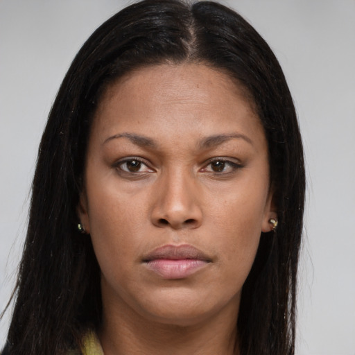 Neutral asian young-adult female with long  brown hair and brown eyes