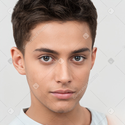 Neutral white young-adult male with short  brown hair and brown eyes