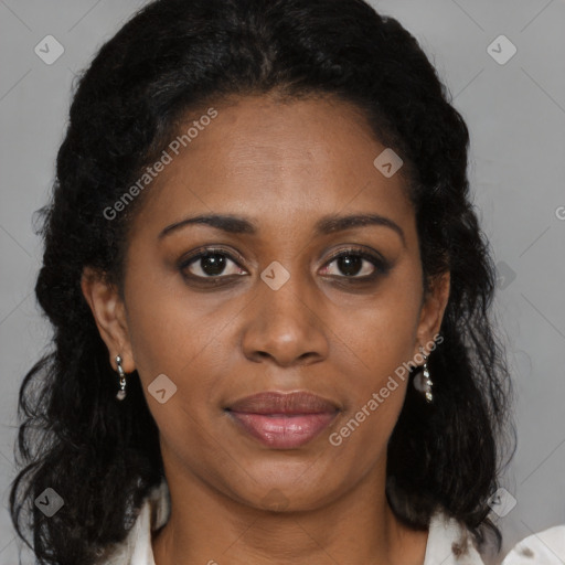 Joyful black young-adult female with medium  brown hair and brown eyes