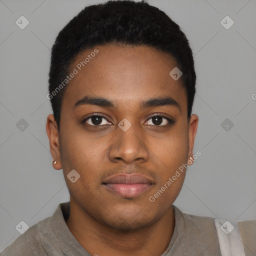 Neutral black young-adult male with short  black hair and brown eyes