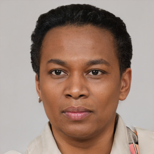 Neutral black adult male with short  black hair and brown eyes