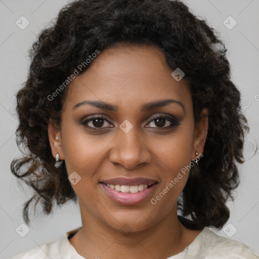 Joyful black young-adult female with medium  brown hair and brown eyes