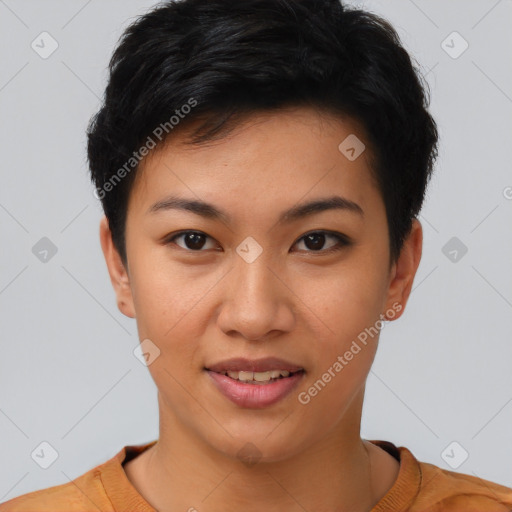 Joyful asian young-adult female with short  brown hair and brown eyes