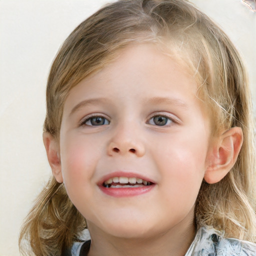 Joyful white child female with medium  brown hair and grey eyes