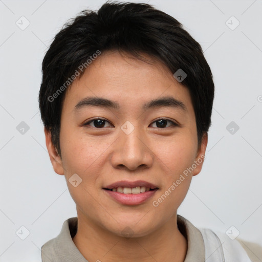 Joyful asian young-adult male with short  brown hair and brown eyes