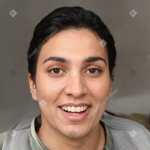 Joyful white young-adult female with short  brown hair and brown eyes