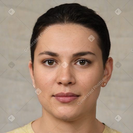 Neutral white young-adult female with short  brown hair and brown eyes