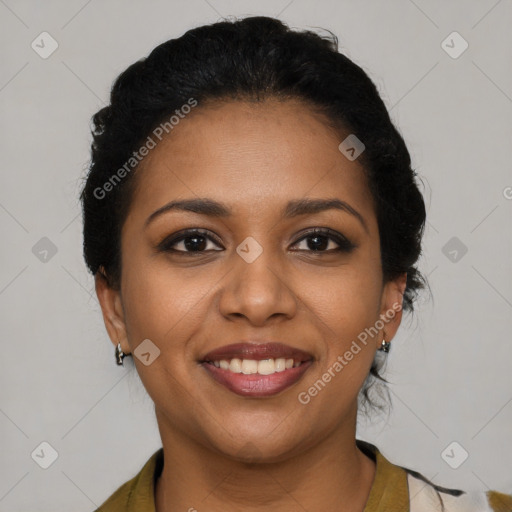 Joyful black young-adult female with medium  brown hair and brown eyes