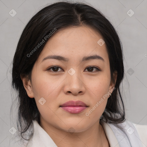 Joyful asian young-adult female with medium  black hair and brown eyes