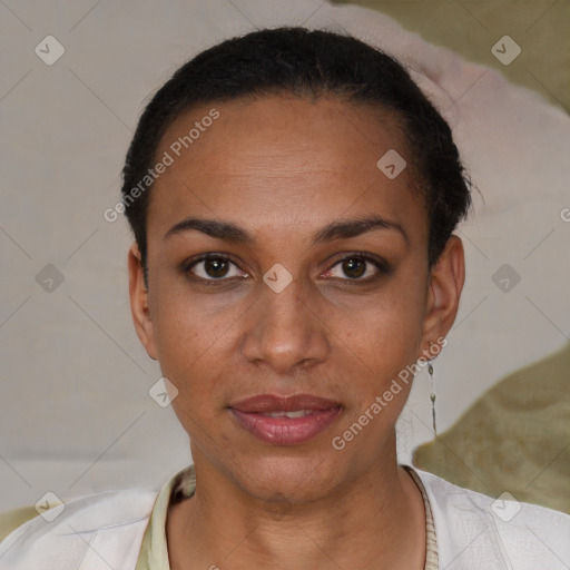 Joyful black young-adult female with short  black hair and brown eyes