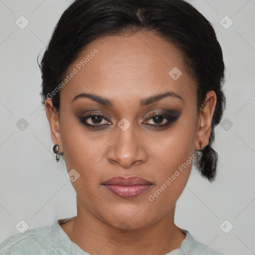 Joyful asian young-adult female with medium  brown hair and brown eyes