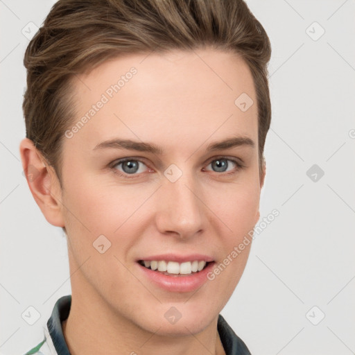 Joyful white young-adult female with short  brown hair and grey eyes