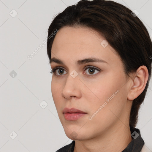 Neutral white young-adult female with medium  brown hair and brown eyes