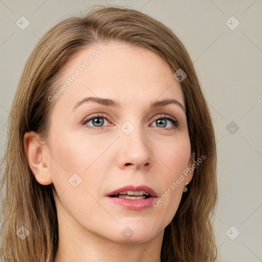 Neutral white young-adult female with long  brown hair and grey eyes