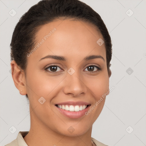 Joyful white young-adult female with short  brown hair and brown eyes