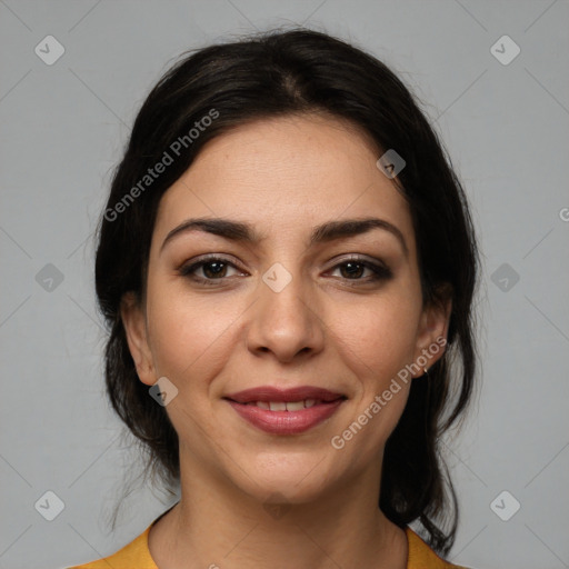 Joyful white young-adult female with medium  brown hair and brown eyes