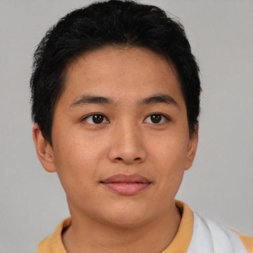 Neutral asian young-adult male with short  brown hair and brown eyes
