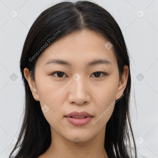 Neutral asian young-adult female with long  brown hair and brown eyes