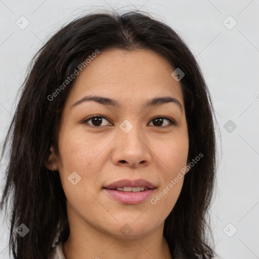 Joyful asian young-adult female with long  brown hair and brown eyes