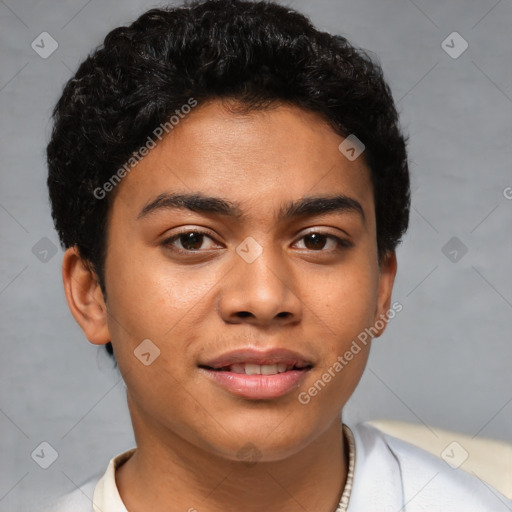 Joyful latino young-adult male with short  brown hair and brown eyes