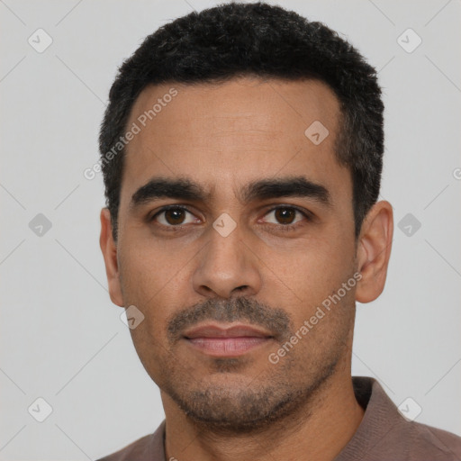 Neutral latino young-adult male with short  black hair and brown eyes
