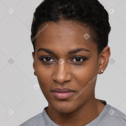 Neutral black young-adult female with short  brown hair and brown eyes