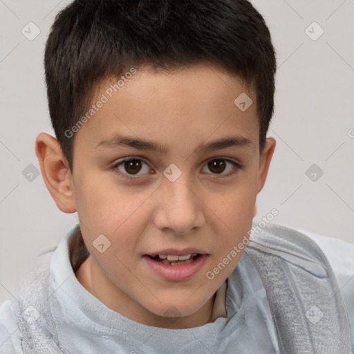 Joyful white child male with short  brown hair and brown eyes