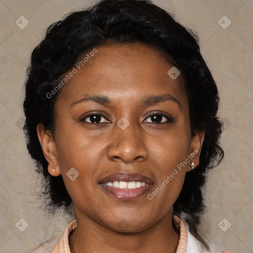 Joyful latino young-adult female with medium  black hair and brown eyes