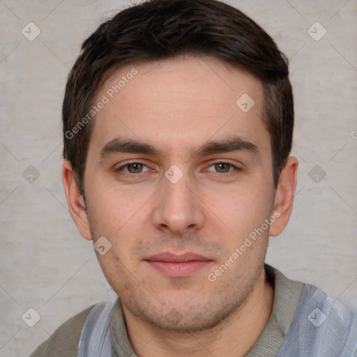 Neutral white young-adult male with short  brown hair and brown eyes