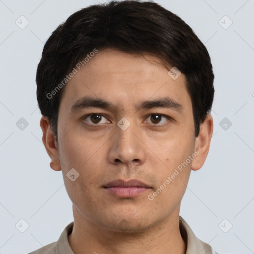 Neutral asian young-adult male with short  brown hair and brown eyes