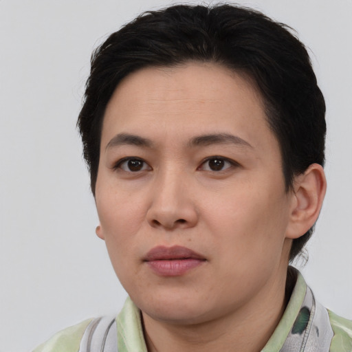 Neutral white young-adult female with short  brown hair and brown eyes