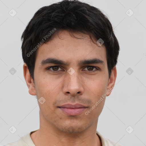 Neutral asian young-adult male with short  black hair and brown eyes