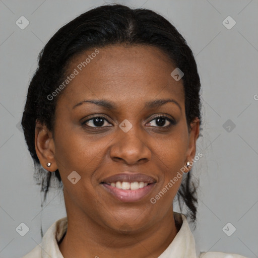 Joyful black young-adult female with medium  brown hair and brown eyes