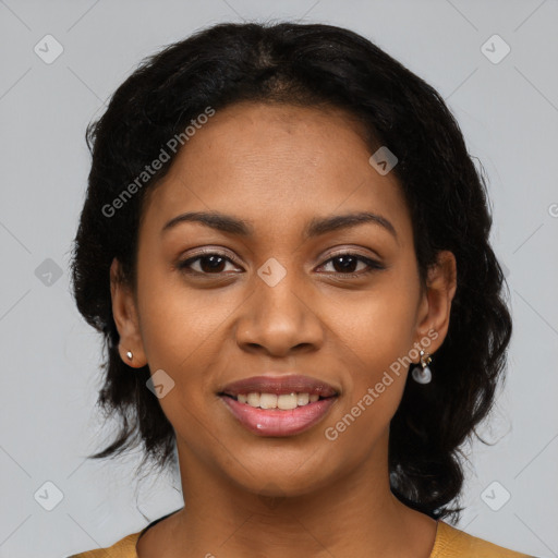 Joyful latino young-adult female with medium  black hair and brown eyes