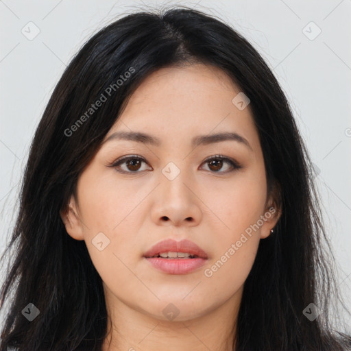 Neutral asian young-adult female with long  black hair and brown eyes