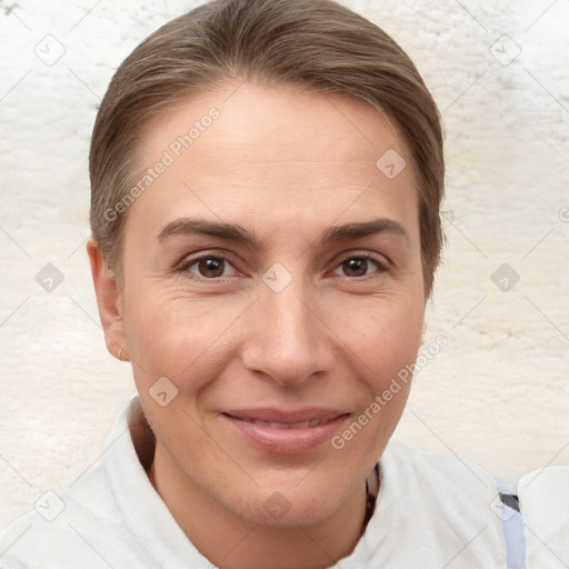 Joyful white young-adult female with short  brown hair and brown eyes