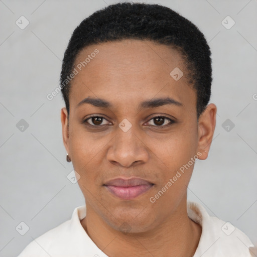 Joyful latino young-adult female with short  black hair and brown eyes