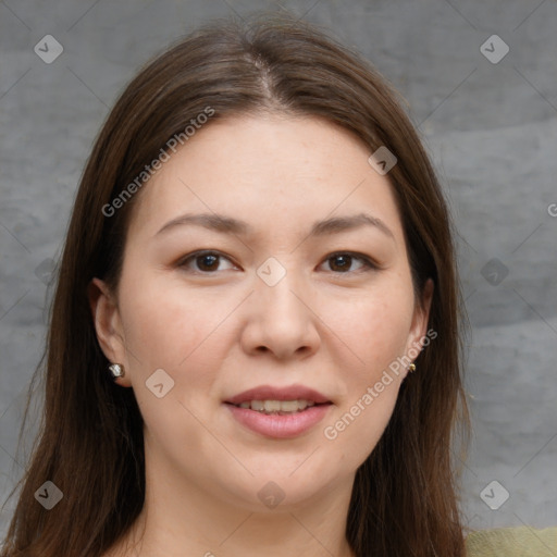 Joyful white young-adult female with long  brown hair and brown eyes