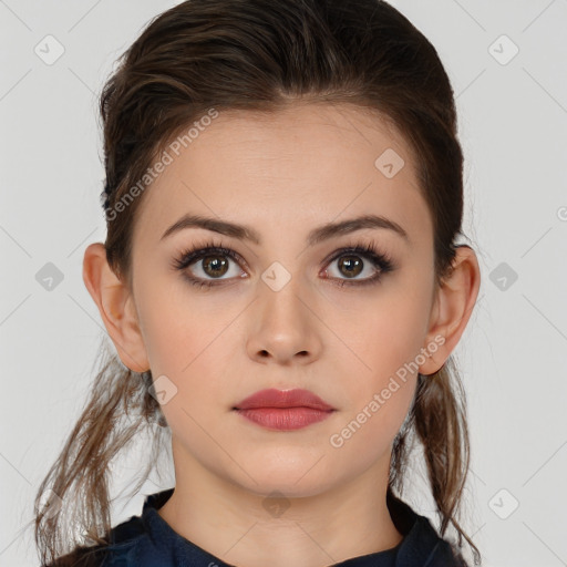 Neutral white young-adult female with medium  brown hair and brown eyes