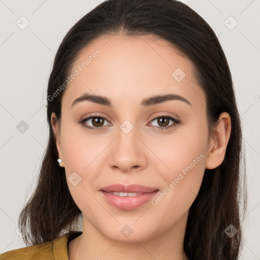 Joyful white young-adult female with long  brown hair and brown eyes