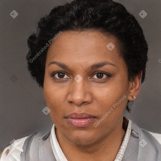 Joyful black adult female with short  brown hair and brown eyes