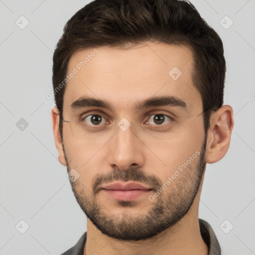 Neutral white young-adult male with short  brown hair and brown eyes