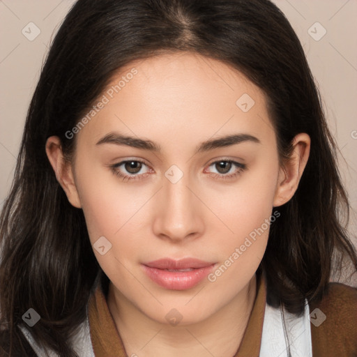 Neutral white young-adult female with long  brown hair and brown eyes