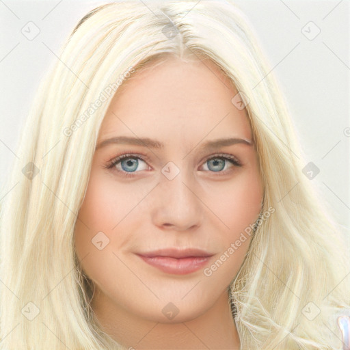 Joyful white young-adult female with long  blond hair and blue eyes