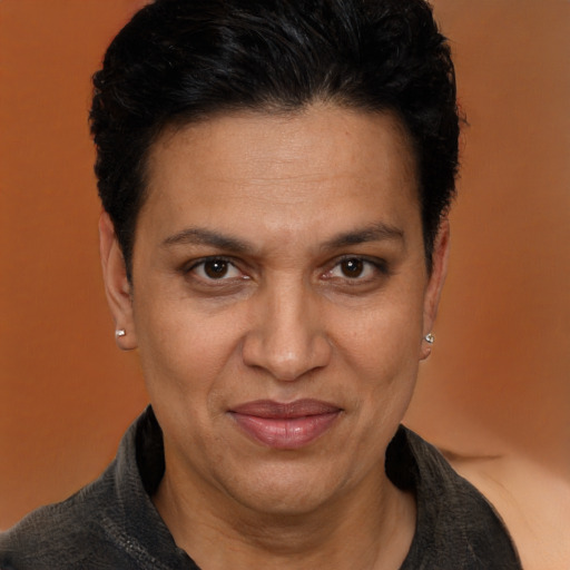 Joyful white adult female with short  brown hair and brown eyes