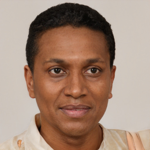 Joyful black adult male with short  brown hair and brown eyes
