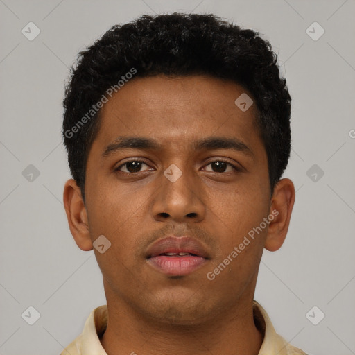 Neutral black young-adult male with short  black hair and brown eyes
