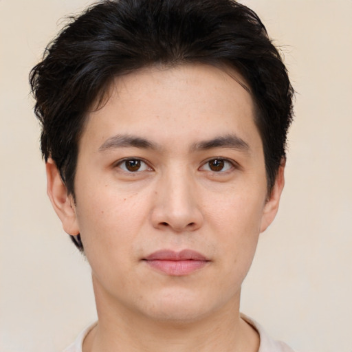 Neutral asian young-adult male with short  brown hair and brown eyes