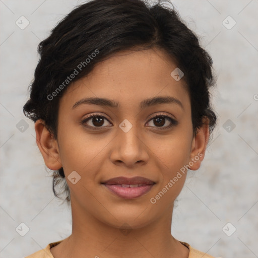 Joyful latino young-adult female with short  brown hair and brown eyes